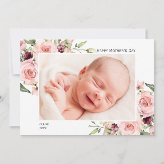 Happy Moeders Day Photo Card met roze rozen Feestdagenkaart (Voorkant)