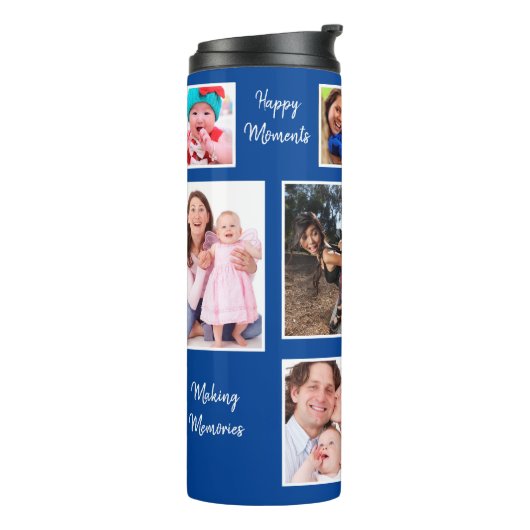 Happy Moments Blue Background Photo Collage Thermosbeker (Gedraaid links)
