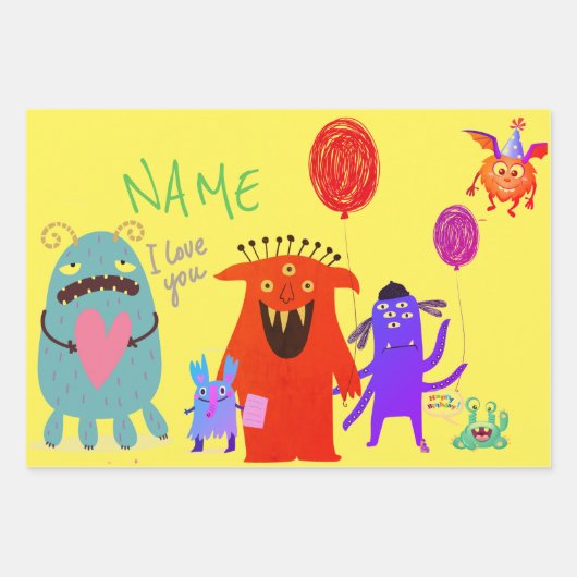 HAPPY MONSTER CUSTOM TEKST GIFT WRAP FLAT SHEEFT INPAKPAPIER VEL (Voorkant 3)