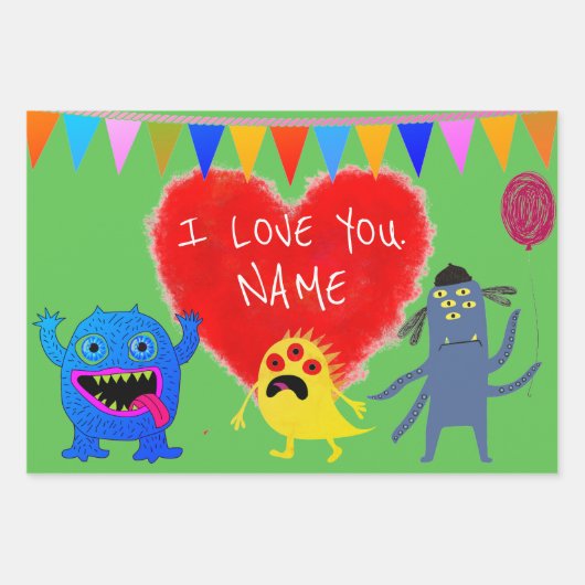 HAPPY MONSTER CUSTOM TEKST GIFT WRAP FLAT SHEEFT INPAKPAPIER VEL (Voorkant 2)