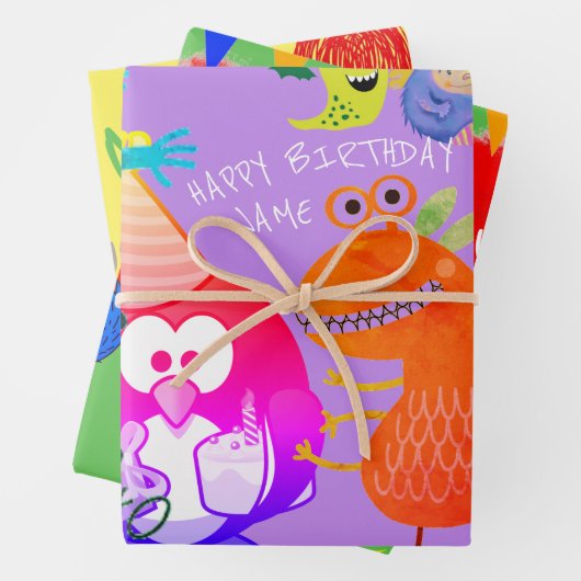 HAPPY MONSTER CUSTOM TEKST GIFT WRAP FLAT SHEEFT INPAKPAPIER VEL (In situ)