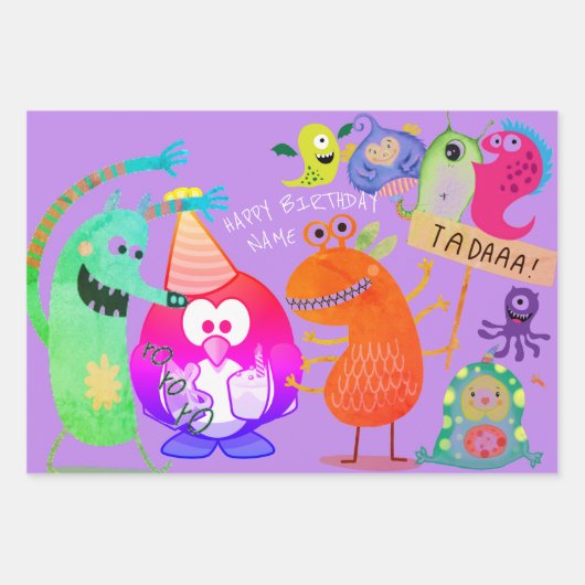 HAPPY MONSTER CUSTOM TEKST GIFT WRAP FLAT SHEEFT INPAKPAPIER VEL (Voorkant)
