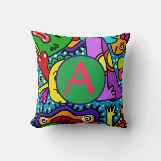 HAPPY MONSTER DOODLE CRITTERS PILLOW INITIAAL KUSSEN (Voorkant)
