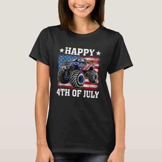 Happy Monster Vrachtwagen Amerikaanse Vlag  Retro  T-shirt (Voorkant)