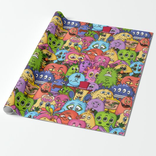 Happy Monsters Patroon Cadeaupapier (Uitgerold)
