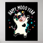 Happy Moo Year Funny Koe Pun Dark BG Poster (Voorkant)