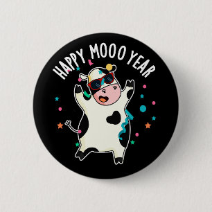 Happy Moo Year Funny Koe Pun Dark BG Ronde Button 5,7 Cm