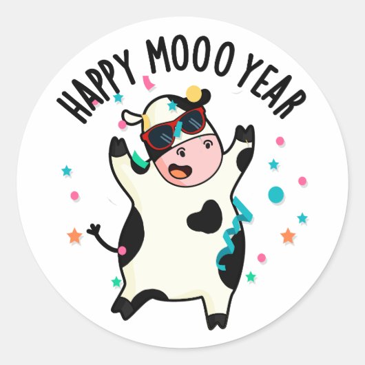 Happy Moo Year Funny Koe Pun Ronde Sticker (Voorkant)