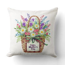 Happy Mother’s Day Floral Basket Throw Pillow 
