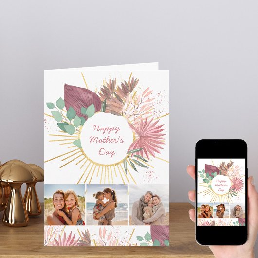 Happy Mothers Dag 3 Foto Boho Pink Gold Pampas Kaart