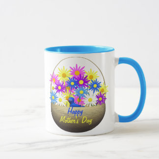 Happy Mothers Day Basket of Daisies and Blue Bird Mok