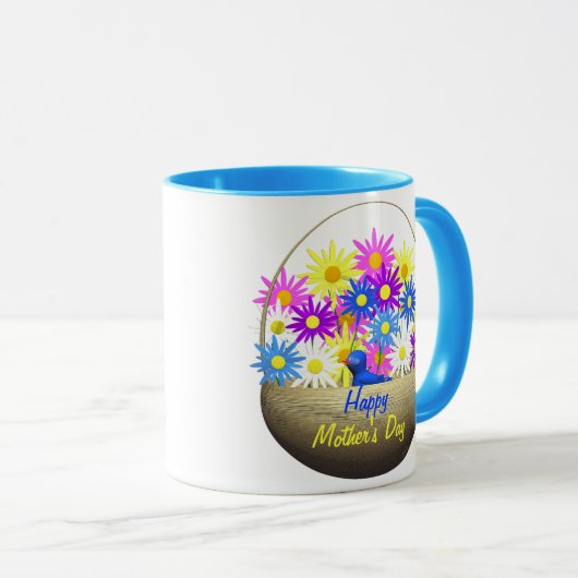 Happy Mothers Day Basket of Daisies and Blue Bird Mok (Voorkant rechts)