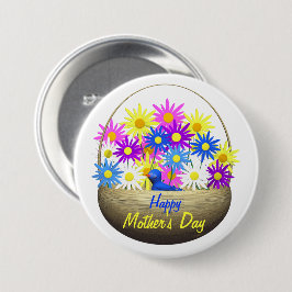 Happy Mothers Day Basket of Daisies and Blue Bird Ronde Button 7,6 Cm
