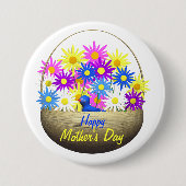Happy Mothers Day Basket of Daisies and Blue Bird Ronde Button 7,6 Cm (Voorkant)