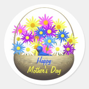 Happy Mothers Day Basket of Daisies and Blue Bird Ronde Sticker
