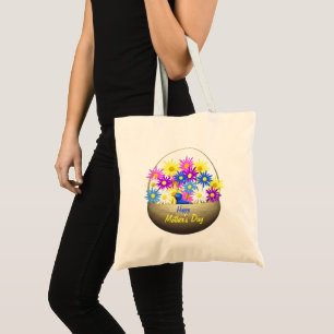 Happy Mothers Day Basket of Daisies and Blue Bird Tote Bag
