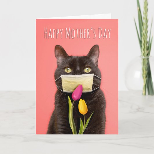 Happy Mother's Day Cat in Face Mask With Flowers Feestdagen Kaart (Voorkant)