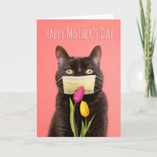 Happy Mother's Day Cat in Face Mask With Flowers Feestdagen Kaart