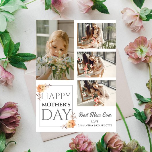 Happy Mothers Day | Floral Elegant Script 4 Foto Feestdagenkaart