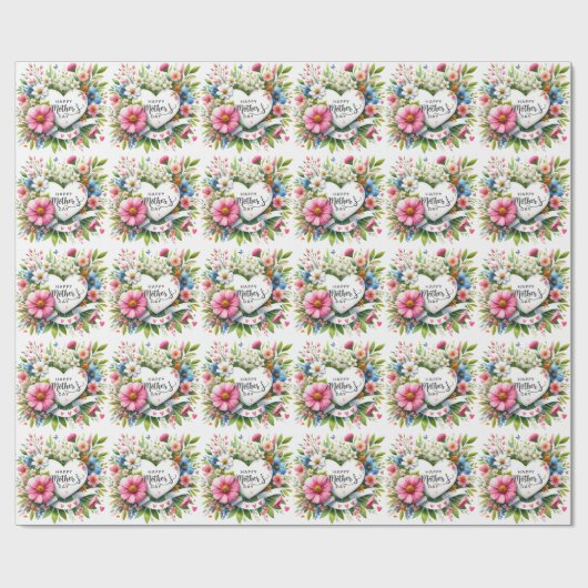 Happy Mothers Day Floral Heart Cadeaupapier (Vlak)
