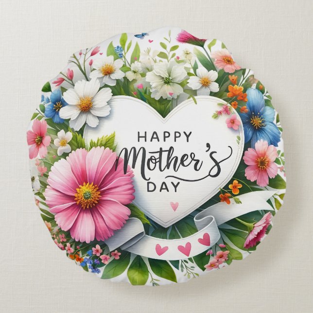 Happy Mothers Day Floral Heart Rond Kussen (Achterkant)