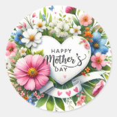 Happy Mothers Day Floral Heart Ronde Sticker (Voorkant)