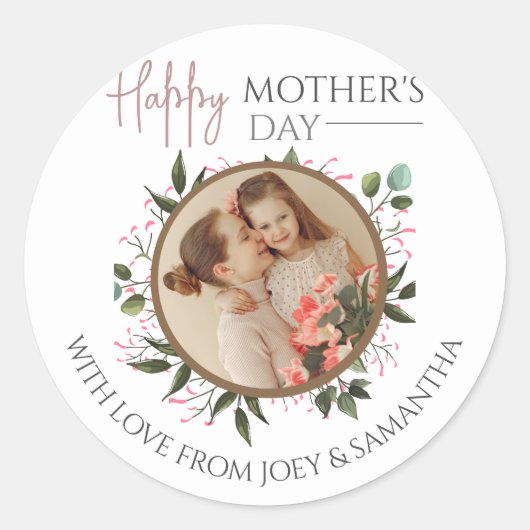 Happy Mothers Day | Floral Modern Script 1 Foto Ronde Sticker (Voorkant)
