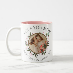 Happy Mothers Day   Floral Modern Script 1 Foto Tweekleurige Koffiemok