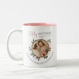 Happy Mothers Day | Floral Modern Script 1 Foto Tweekleurige Koffiemok