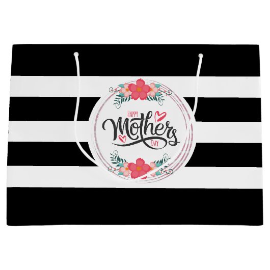 Happy Mothers Day Floral Wreath Stripes Groot Cadeauzakje (Voorkant)