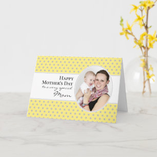 Happy Mothers Day Geel Grijs Polka Dot Foto Kaart