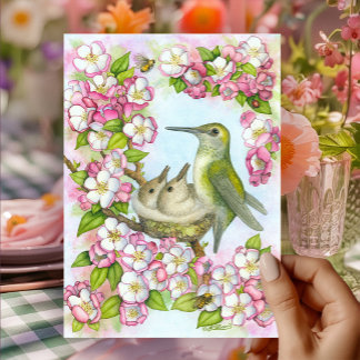 Happy Mothers Day Hummingbird Pink Blossoms Kaart