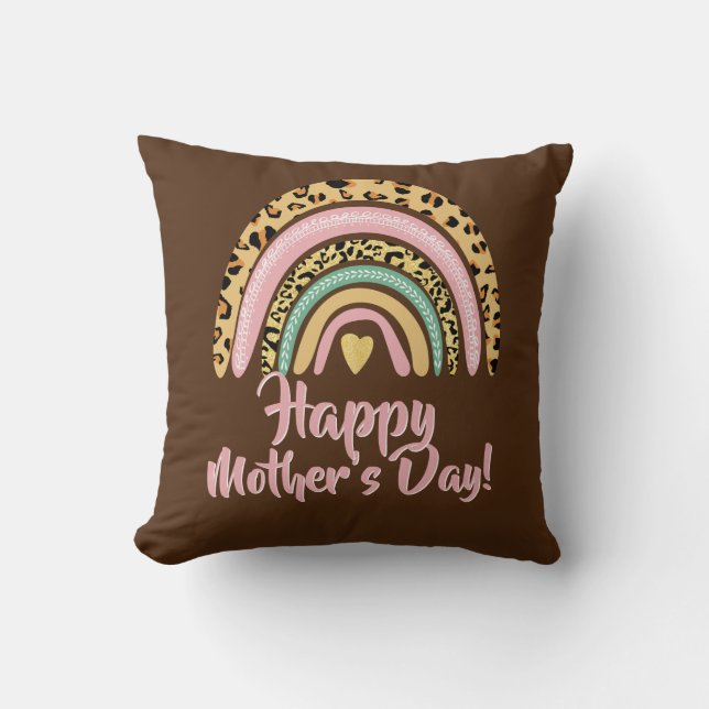 Happy Mothers Day Leopard Print Pink Rainbow Heart Kussen (Voorkant)