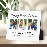Happy Mothers Day Mum Custom Fotocollage Fotoplaat<br><div class="desc">Creëer een stijlvol en memorabel cadeau voor mama deze Moederdag! Dit aangepaste tafelblad decor bord beschikt over een collage van drie favoriete familie afbeeldingen van de kinder ontworpen als een modern en gewaagd sans serif typografie ontwerp. Personaliseer de aangepaste tekst met de namen van de kinderen en wijzig de zwarte...</div>
