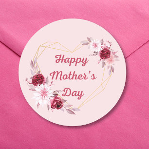 Happy Mothers Day Rood Goud Bloemen Roze Ronde Sticker