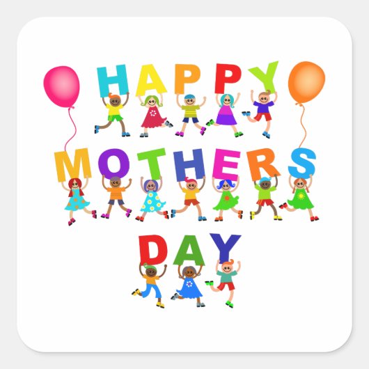 Happy Mothers Day Schattigee Cartoon Diverse Kinde Vierkante Sticker (Voorkant)