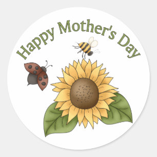 happy Mothers Day Sunflower, Butterfly, Bee Ronde Sticker