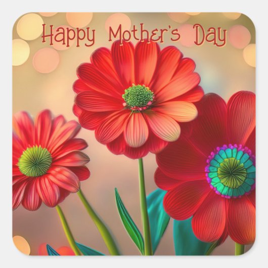 Happy Mother's Day Three Red Daisies Custom Text Vierkante Sticker (Voorkant)