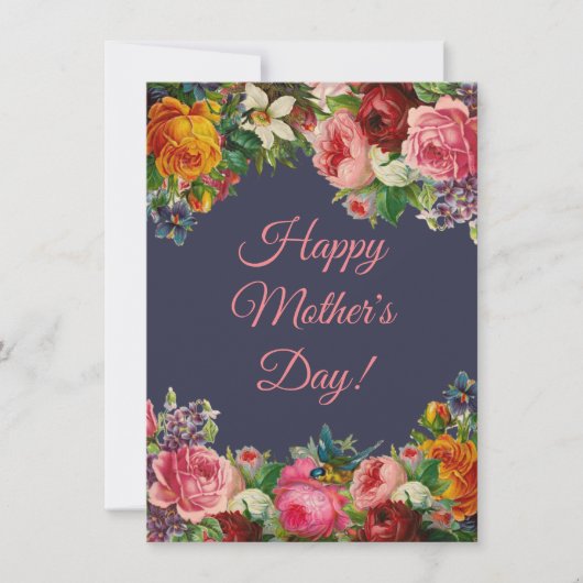 Happy Mothers Day waterverf Botanisch Blauw Roze Feestdagenkaart (Voorkant)