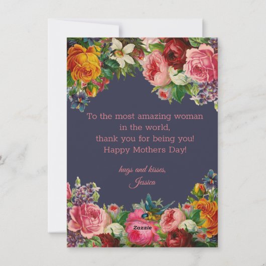 Happy Mothers Day waterverf Botanisch Blauw Roze Feestdagenkaart (Achterkant)