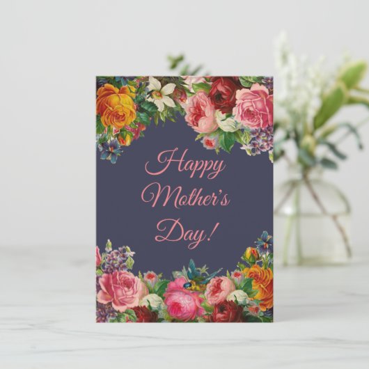 Happy Mothers Day waterverf Botanisch Blauw Roze Feestdagenkaart (Staand voorkant)