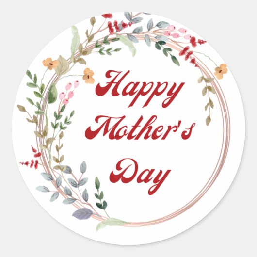Happy Mothers Day waterverf Botanische krans Rood Ronde Sticker (Voorkant)