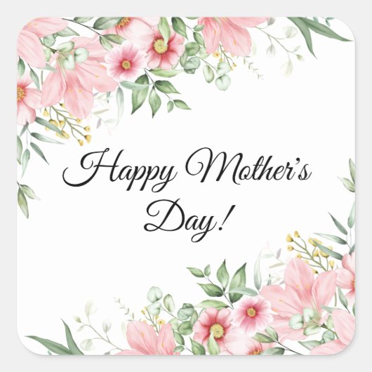 Happy Mothers Day waterverf roze florale elegant Vierkante Sticker (Voorkant)