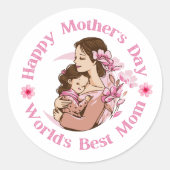 Happy Mothers Day, Werelden Beste Mam, Roze Script Ronde Sticker (Voorkant)