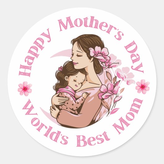 Happy Mothers Day, Werelden Beste Mam, Roze Script Ronde Sticker (Voorkant)