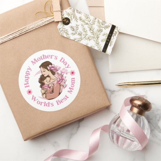 Happy Mothers Day, Werelden Beste Mam, Roze Script Ronde Sticker (Geschenken)