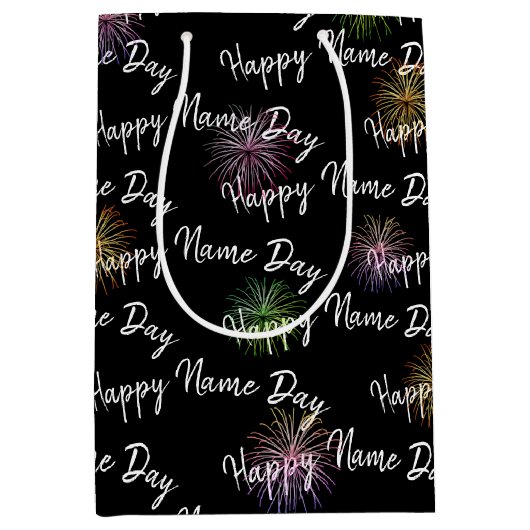 Happy Name Day-vuurwerk op zwart Medium Cadeauzakje (Voorkant)