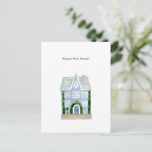 Happy New Home Quote Blue House Illustration Card Briefkaart (Staand voorkant)