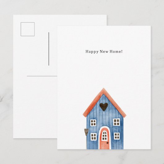 Happy New Home Quote Blue House Illustration Card Briefkaart (Voorkant / Achterkant)