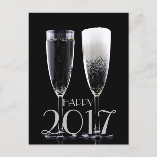 Happy New Year 2017 Black White Champagne Flute Feestdagenkaart (Voorkant)